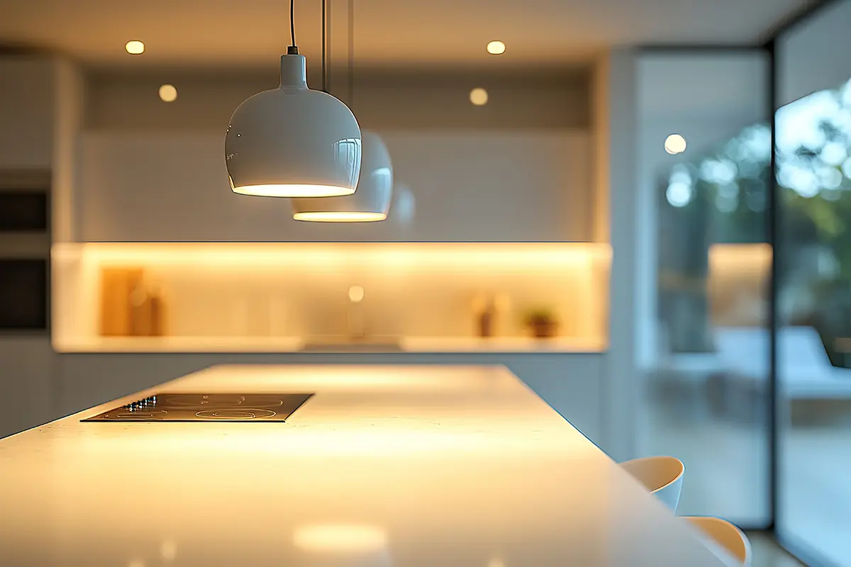 Warm strahlendes Pendellicht über der Kücheninsel