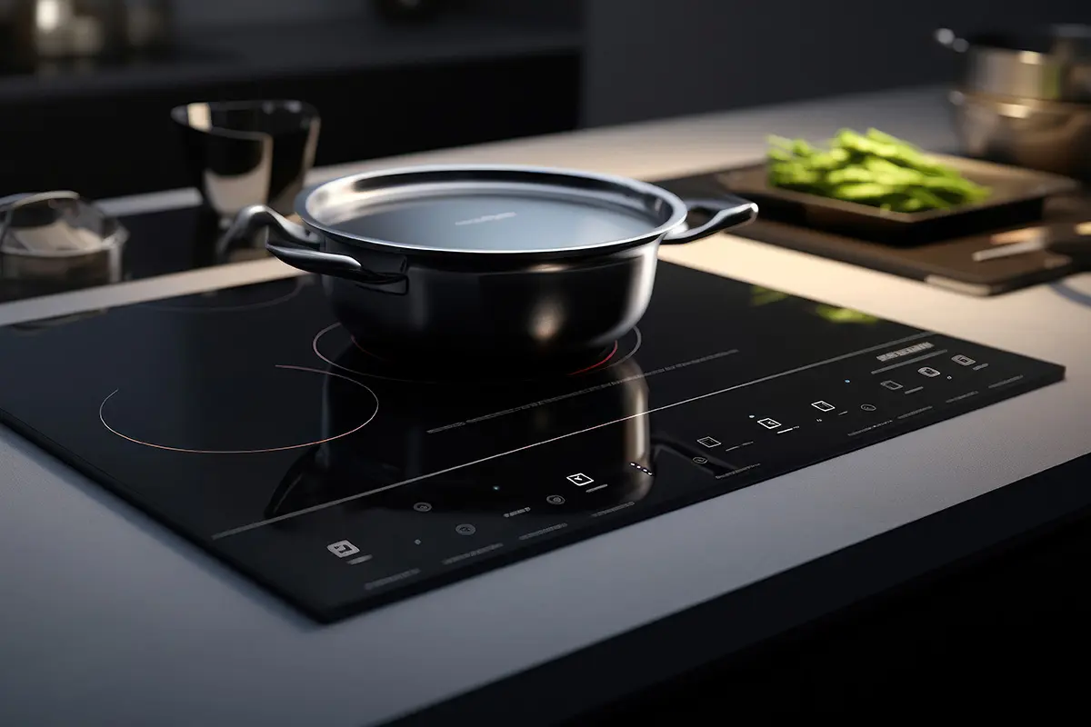 Neue Induktions-Kochstelle mit Topf und Pfanne darauf