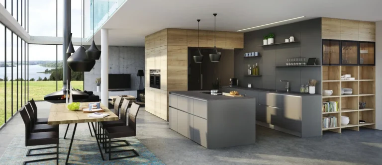 ewe-FM - Küche mit grauer und heller Holzvertäfelung und Esstisch