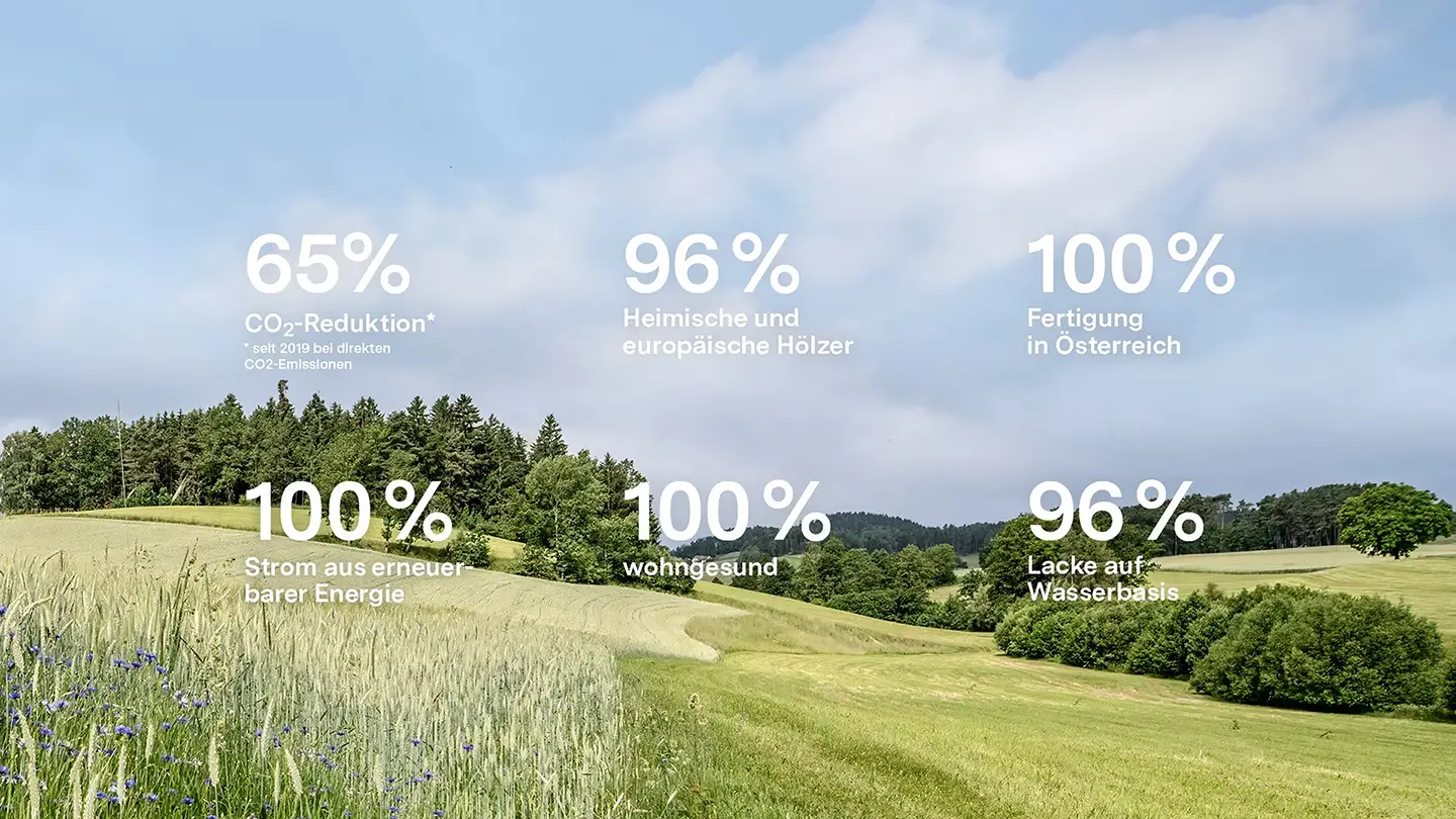 Wiesenlandschaft mit Bäumen im Hintergrund, darauf die Prozentwerte zur Nachhaltigkeit bei ewe