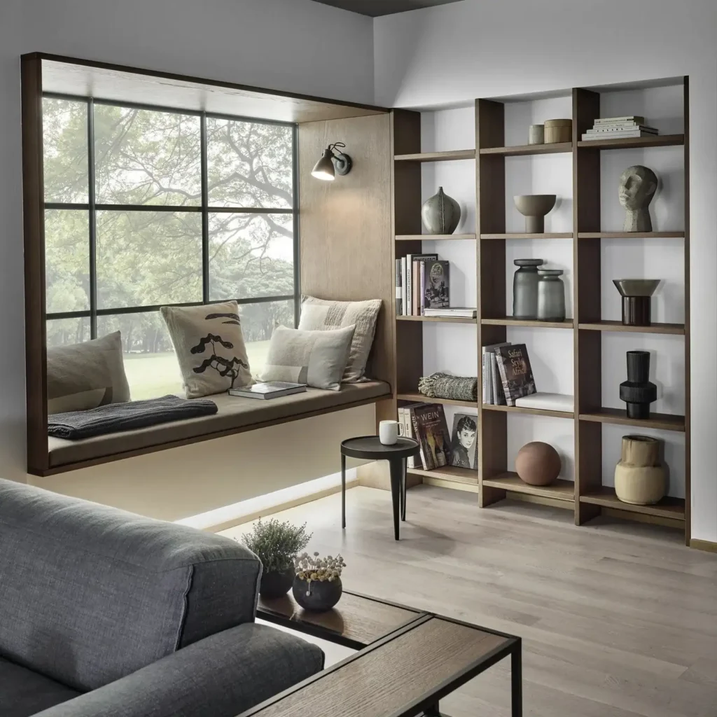 Eine gepolsterte Fensterbank und daneben ein offenes Holzregal