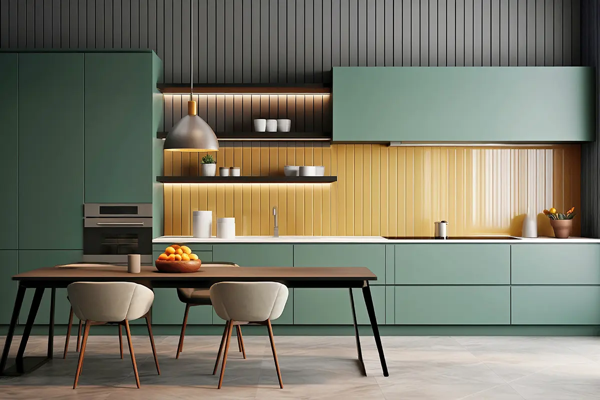 Moderne Küche mit grünen Schränken und gelben Akzenten