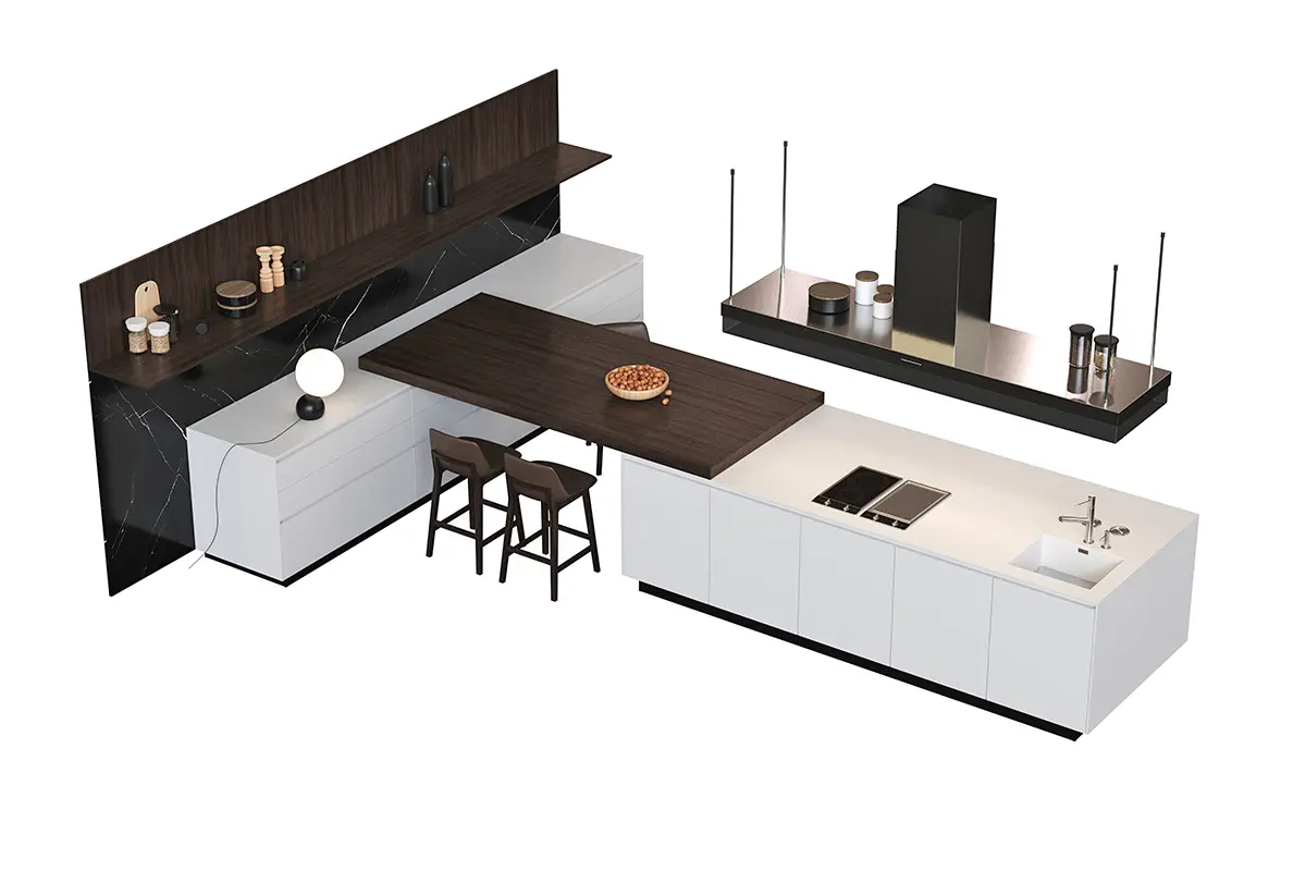 3D-Rendering einer modernen Küche mit Spüle, Arbeitsplatte und Barbereich.