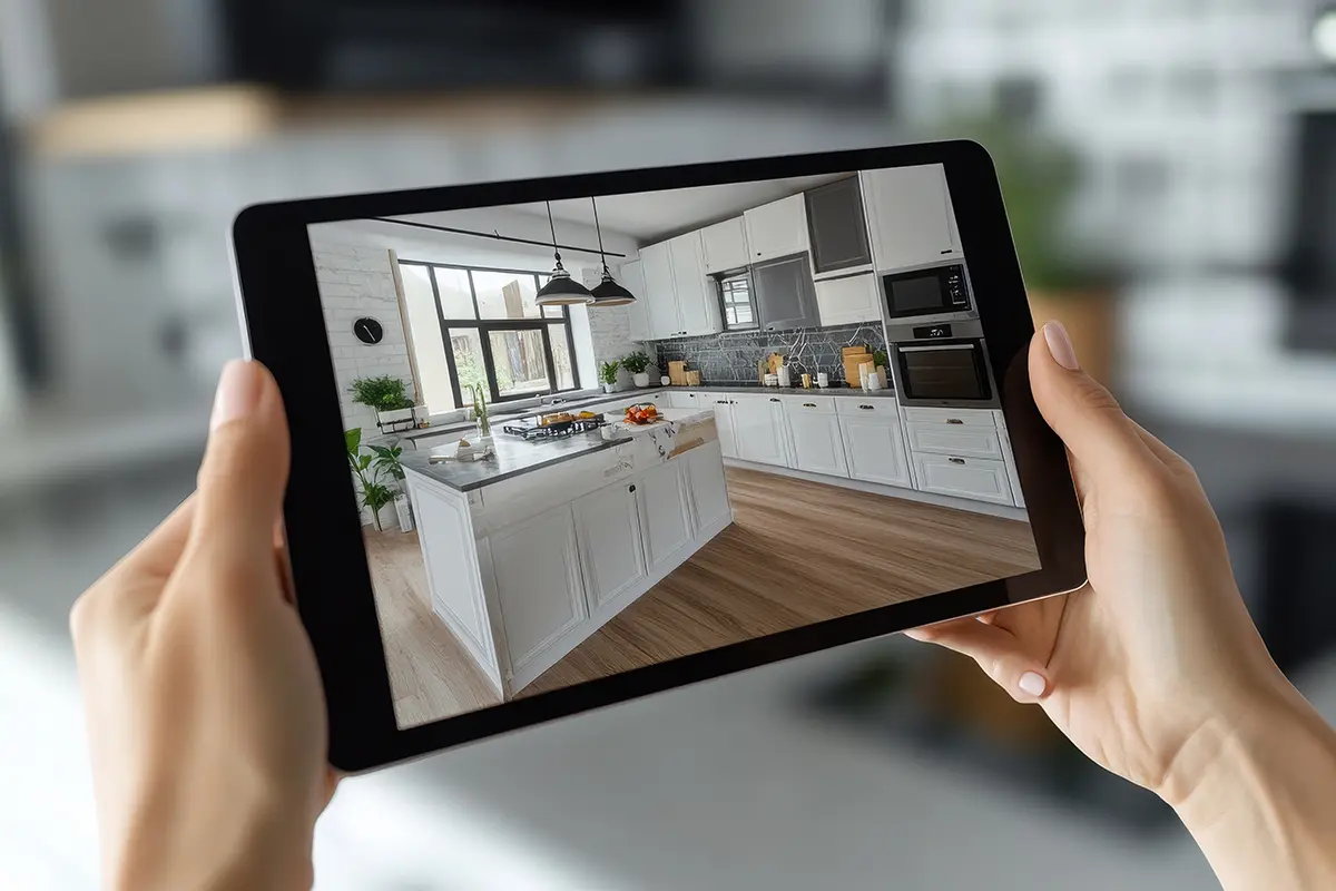 Eine Person hält ein Tablet mit einer Küchenansicht in der Hand.