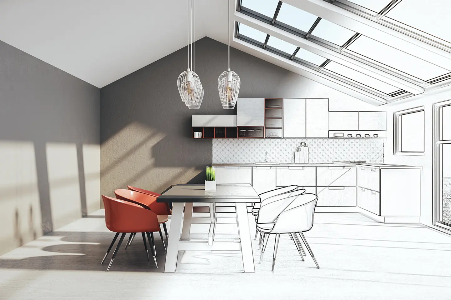 Eine Küche mit einem Esstisch und Stühlen