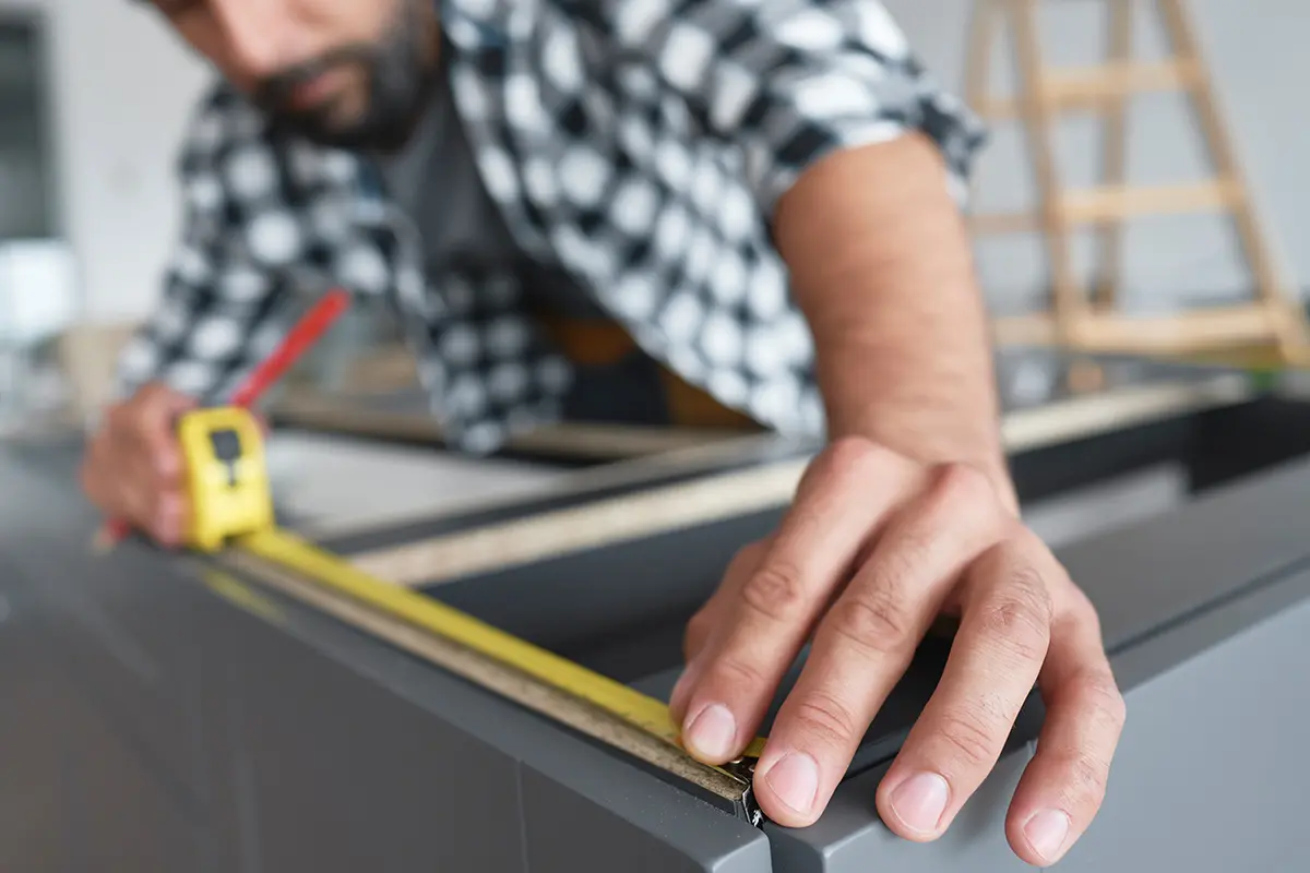 1. Ein Mann misst die Oberseite eines Schranks mit einem Maßband.