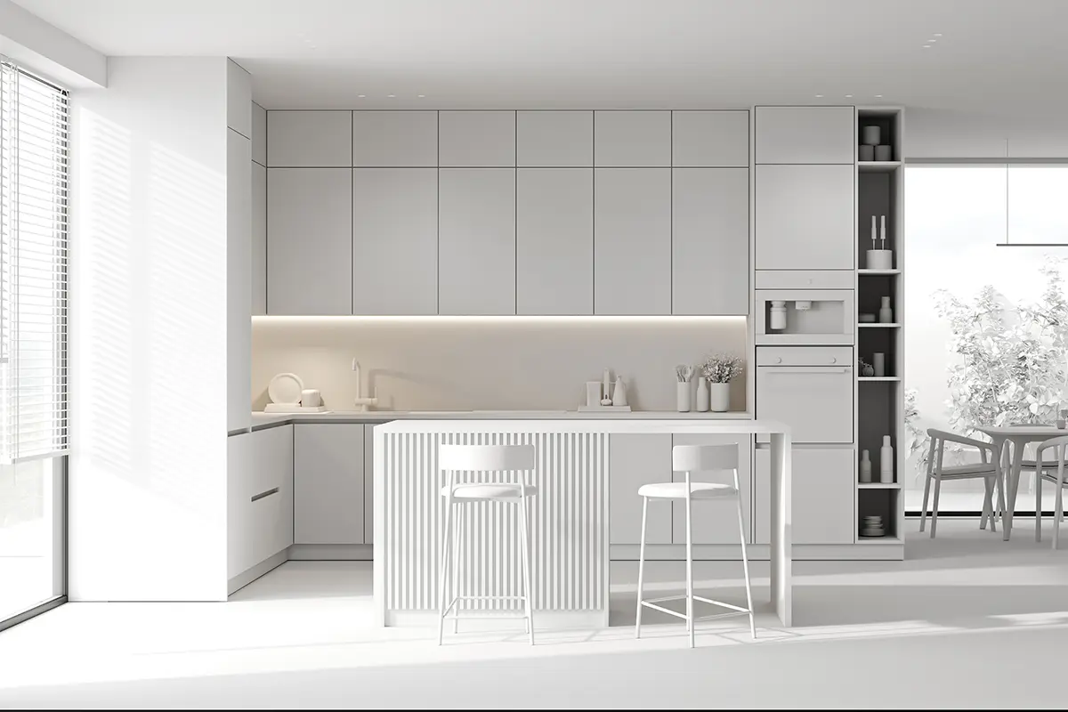 Render einer modernen Küche als einfache Modellansicht ohne Materialien.